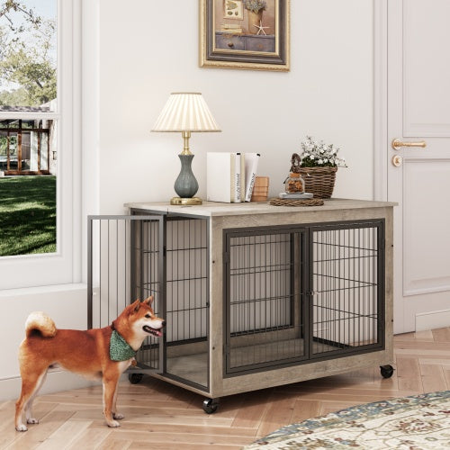 Furniture-Style Dog Cage Side Table with Wheels